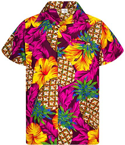 King Kameha Funky Hawaii-Hemd, Herren, Kurzarm, Pineapple-Hibiscus, Magenta-Pink, 3XL