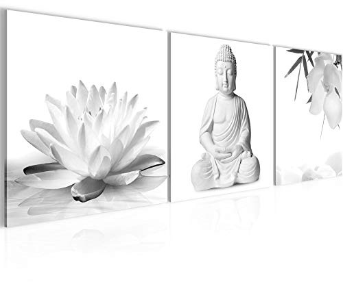 Runa Art - Bilder Buddha Feng Shui 120 x 40 cm 3 Teilig Wandbild auf Vlies Leinwand Schwarz Weiss Mehrteilig Modern 027333c
