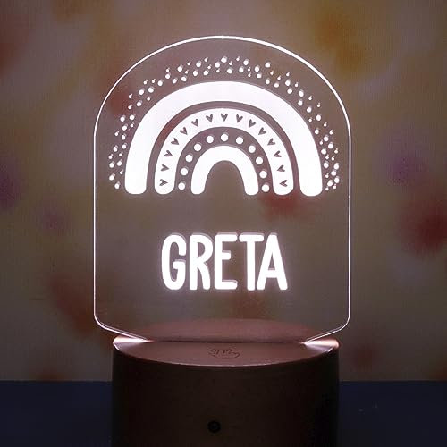 LAUBLUST 3D LED Nachtlicht Kinder - Personalisierte Farbwechsel-Lampe mit Baby Namen - Regenbogen Motiv | Natur Holzsockel - Geschenk zur Geburt & Taufe für Mädchen und Jungen