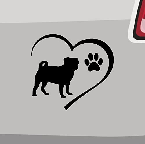 Herz mit Mops Aufkleber -6 Größen 21 Farben- Pfote Silhouette Familienhund Liebe