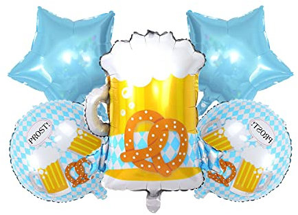 Oktoberfest Deko Folienballons 5 Stück Bier Brezel Luftballons blau-weißer Ballon für das Oktoberfest Bayerische traditionelle Party