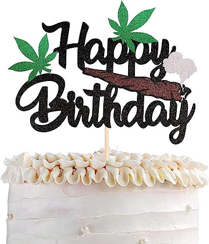 1 Stück Happy Birthday Tortendeko Glitzer 420 Geburtstag Thema Cake Topper Topf Unkraut Blätter Topf Unkraut Blätter Kuchen Deko für Männer Frauen 420 Happy Birthday Party Tortendekorationen