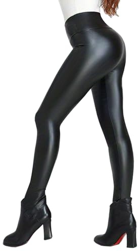 Merlvida Leggings Cuero Mujer Push Up Leggings de Piel Sintética Cintura Alta Leggins Polipiel con Forro Polar Elásticos Pantalón Térmico Invierno Pantalones PU Medias Cuero Mujer Sexy