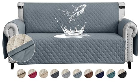 FIGOOO wasserdichte Sofabezug 2 Sitzer Dicke Sofaschoner Wasserdicht Reversible Gesteppte Sofa Überzug mit Seitentaschen Sofaüberwurf rutschfest Kratzfest für Haustiere Hunde Katzen,Graublau