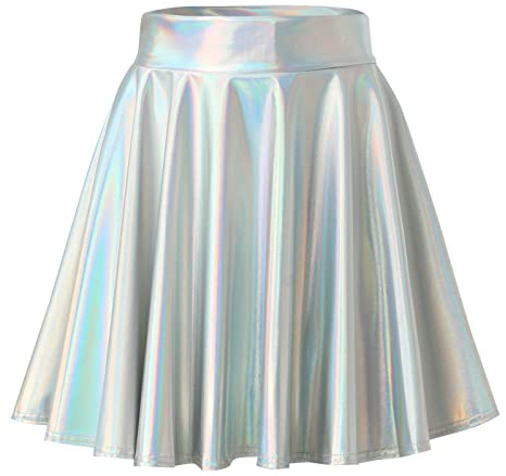 Damen Metallischer Faltenrock Mini Skater Rock PU Lederrock Sexy Hohe Taille A-Linie Silber Rock Karneval Metallic Y2K Tennisrock Tanzrock Rave Party Club Kostüme