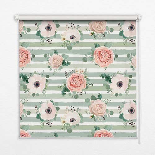 Tulup Verdunkelung Für Fenster 60x180cm Rollos - Rosen auf grünen horizontalen Streifen