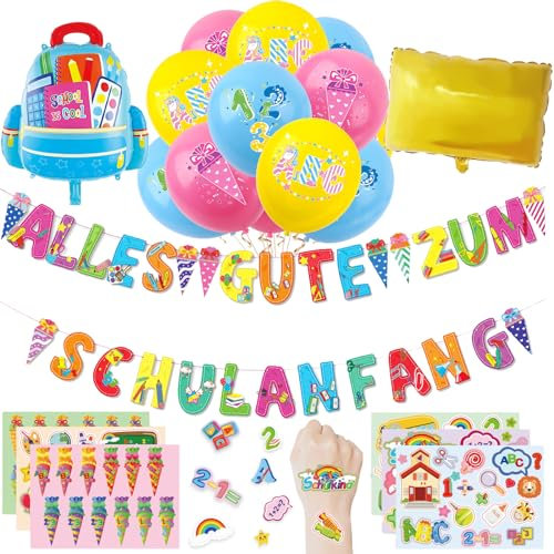 Einschulung Deko Set - Alles Gute zum Schulanfang Girlande, Folienballon, Schulkind Luftballons, Sticker - Schuleinführung Deko Set für Jungen und Mädchen