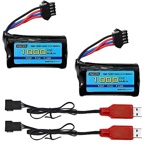 AMZZN 2 Stück 7,4V 2S 1000mAh Lipo Akku SM-4P Stecker mit USB-Ladegerät ist geeignet für M416 elektrische Spielzeugpistole Gel, RC Spielzeug Auto, Ersatzbatterie für Geländefahrzeuge