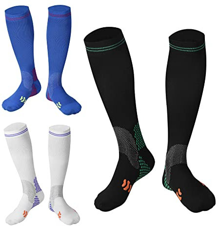 Kompressionssocken (3 Paar) für Männer Zirkulation 20-30mmHg Medizinische Kompressionsstrümpfe Frauen Stillen (02 Schwarz + Blau + Weiß,, XXL)
