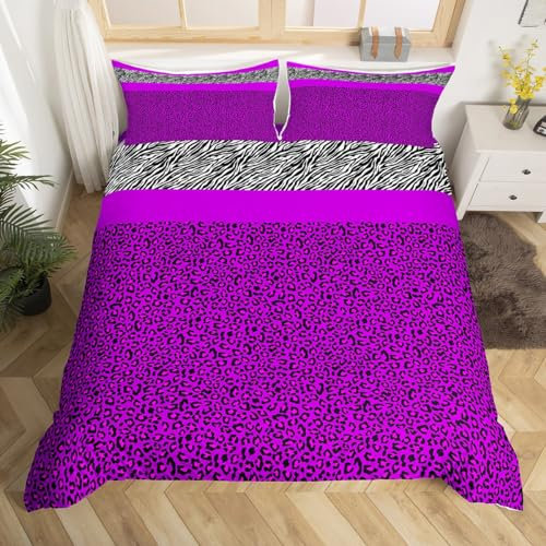 Manfei Purple Leopard Kids Duvet Cover Set Double Size, Black White Zebra Striped Comforter Cover, Animal Skin Print Bedding Set for Boys Girls Room Decor, lightweight Bedspread Cover, 2 Pillowcases