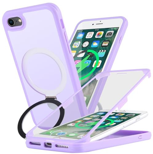 Zouzt for iPhone SE 2020/2022/2nd/3rd, iPhone 8/7 Case 4.7 Inch Case with Screen Protector, 360 Full Body with Glass Screen Protector [Shockproof] Ring Stand Heavy Duty Protection Phone Case - Purple