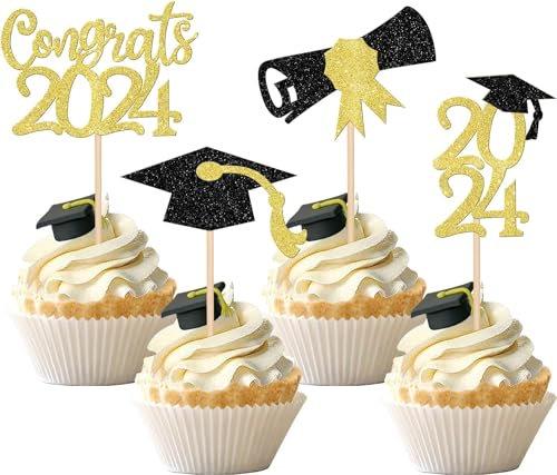 24 Stück 2024 Abschluss Tortendeko Congrats Abschluss Cupcake Toppers Glitzer Diploma Grad Cap Kuchen Deko für 2024 Schule Graduierung Thema Party Kuchen Dekoration Schwarz Gold
