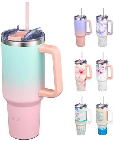 THILY 40 oz Vacuum Insulated Tumbler with Handle - Stainless Steel Coffee Travel Mug with Lid and Straws, Keep Drinks Cold 34 Hours or Hot 12 Hours, for Cold Drinking, Tea, Iced Water, Candy Pink