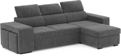BUDWING John Sofá Cama Esquinero 4 Plazas - Chaise Longue Reversible, Reposacabezas Ajustable y 2 Pufs – Tapizado en Poliéster – Estilo Moderno – 263x161x96 cm – Gris Oscuro