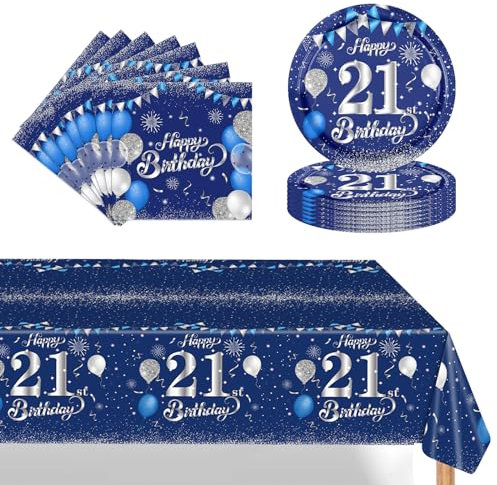 POPOYU 37Pcs Navy Blue Silver 21st Birthday Tableware Set,21st Birthday Napkins Blue and Silver,21st BlueSilver Table Cloth,21stBirthday Paper Plates for Him Her Men Women BirthdayGift Party Supplies