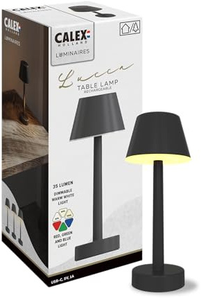 CALEX Lucca Tischlampe, wiederaufladbar, kabellos, dimmbar, Farben & warmweißes Licht, wasserdicht, Schwarz