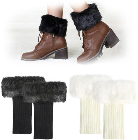 YGKYMVW Damen Beinstulpen, 2 Paar Fellbesatz Beinstulpen Stiefel Überzug Warme Winter Kurze Beinstulpen, Knöchel Warme Socken Mädchen Stiefel Abdeckung für Winterwärmer(Weiß und schwarz)