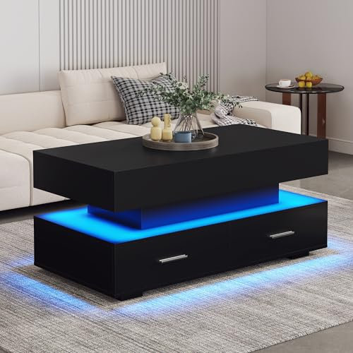 Lcoho hydraulisch höhenverstellbarer Couchtisch, mit LED-Beleuchtung, Bluetooth-APP-Steuerung, 2 Schubladen und offenem Stauraum,Schwarzer hebbarer Couchtisch (Schwarz)