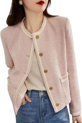 Veste en Tweed sans col à Rayures rétro pour Femme Veste boutonnée décontractée Ample élégante Slim pour Le Travail Le Bureau Les Affaires Courte en Tweed (Rose,L)