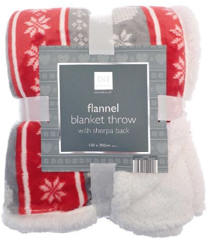 COUNTRY CLUB Nordic Design Fleece Blanket Throw with Sherpa Back - Red and Grey with snowflakes and hearts - 150 x 200cm