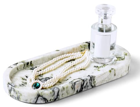 WORHE Natural Marble Vanity Tray Luxury Oval Stone for Jewelry Perfume Calacatta Violam Tray Natural Bathroom tray for Bathroom Countertop Storage Organizer Decorative for Home Decor WH059