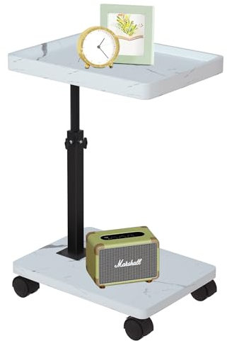 ESTUWD Mesa auxiliar con ruedas, altura regulable (45 – 80 cm), mesa auxiliar de madera en forma de c con acabado de nogal giratorio 360°, mesa de centro pequeña para salón, sofá (blanco)