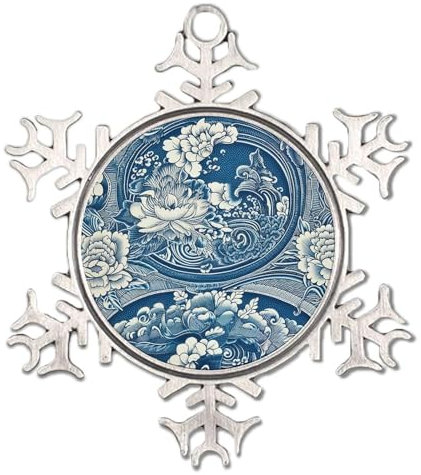 Blaues und weißes Porzellan, florale weiße Schneeflocke, Weihnachtsbaumschmuck, orientalischer asiatischer Stil, Blütenblatt, einzigartiges Andenken, Blumenmuster, Sammlerstück, Geschenk für