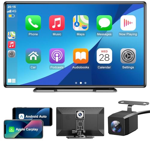 ESSGOO CarPlay Voiture, Supporte CarPlay sans Fil et Android Auto, Écran Tactile IPS 9 Pouces, Caméra Avant 4K et Caméra de Recul 1080P, Bluetooth 5.0, GPS, FM, AUX, Mirror Link, Carte TF 64G