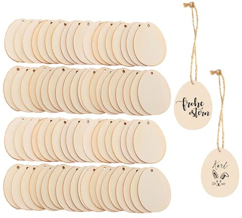 HERZONE 80pcs kleine Ostern Holzanhänger Ostereier zum Bemalen Ostern Eier Holzscheiben mit Loch zum Aufhängen (eggs-5x3.8cm)