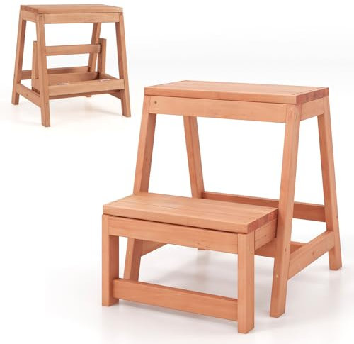 COSTWAY Escalera Plegable, Escalera Multifuncional de 2 Peldaños de Madera, Taburete Escalera Plegable para Niños y Adultos, Soporte para Plantas para Cocina, Dormitorio, Natural