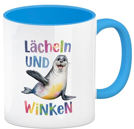 speecheese Seehund Lächeln und Winken Kaffeebecher in hellblau Lustiger Spruch für Büro - für Tierfreunde