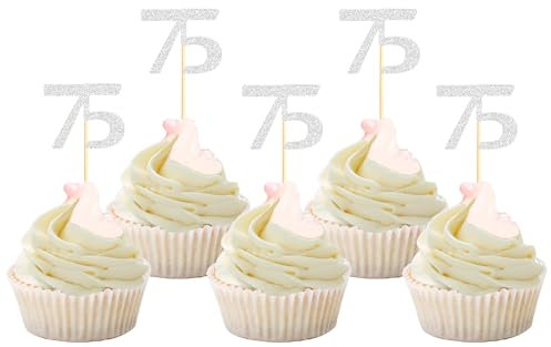 Sotpot 30 Pack Happy 75th Birthday Cupcake Toppers 75 Years Cupcake Decorations for 75th Birthday Anniversary Party Supplies Silver Glitter