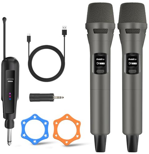Aveek Microfono Wireless Professionale, Microfoni Senza Fili 2.4 GHz con Ricevitore e Microfoni Ricaricabili, per Karaoke, DJ, Feste, Matrimoni, Canto