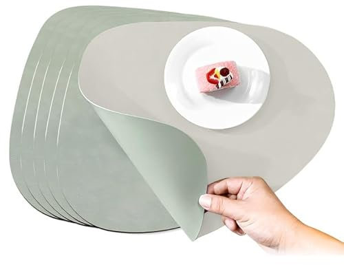 Tischsets aus Leder-Imitat,WideSmart 6er Set Tischsets Abwaschbar, Leder Platzsets Oval Doppelseitigen Abwischbar Hitzebeständig rutschfest Platzdeckchen Lederoptik Tischunterlage für Teller