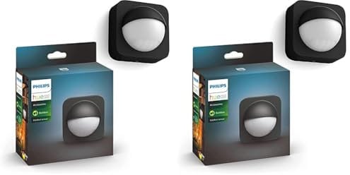 Philips Hue Bewegungsmelder Outdoor, Tageslichtsensor für smarte Beleuchtung, automatische Lichtsteuerung bei Bewegung für EIN sicheres Zuhause, schwarz (Packung mit 2)