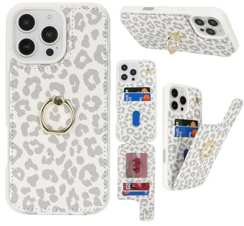 Cavor Phone Case compatible with iPhone 16 Pro Max Case With Card Holder,Flip Leather Wallet Case,Buckle Metal Ring Shockproof Cover Case compatible with iPhone 16 Pro Max - White Leopard