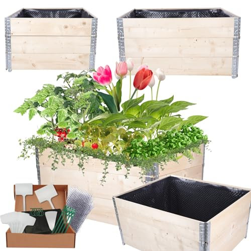MODO24 Hochbeet Holz, mit Noppenfolie, Kräuterbeet, Gartenbeet, Pflanzbeet, Blumenbeet, Gemüsebeet, für Garten und Terrasse, Kiefernholz, Massivholz, Abmessungen 60x120x100 cm, Farbe: Natur