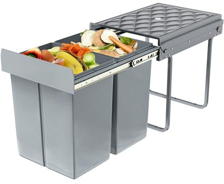 VANCHEMO Poubelle encastrable, 2 x 20 l, système de tri sélectif, extensible, à 2 compartiments, multi-récipients, anti-odeurs, accès confortable pour la cuisine, 48 x 34 x 42 cm