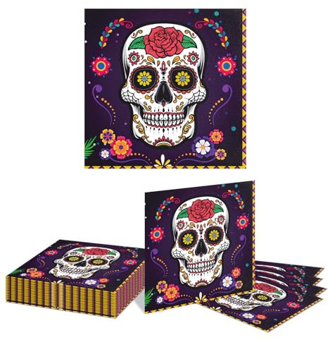 Kotkiddy 24 Stück Blumen Totenkopf Servietten, Mexikanisches Abendessen Einweg Handtuch Papier Servietten für Badezimmer Feiertag Fiesta Party Tischbedarf