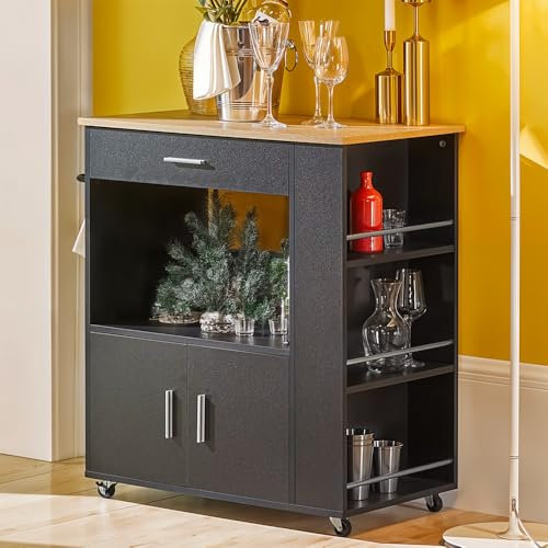 Warmiehomy Kitchen Island on Wheels with Storage Trolley Bar Table Kitchen Trolley Drinks Cabinet and Bar Cart for Home Bar Living Room Dining Room Restaurant, 82x46x88cm, Black & Wood