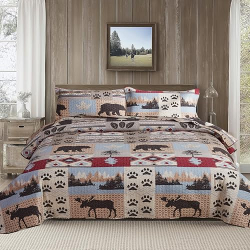 Rustikales Bettwäsche-Set für King-Size-Betten – Home Lodge Bettwäsche-Set mit karierten Steppdecken, leicht, wendbar, Tagesdecke, Decke, Wildtiere, Elch, Kiefer, Bettwäsche und 2 Kissenbezüge