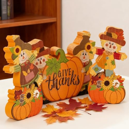 Ferraycle 3 Pcs Scarecrow Pumpkin Wooden Block Sign, Fall Table Decor | Rustic Tiered Tray Decorations, Farmhouse Standing Table Centerpieces, Vintage Home Kitchen Thanksgiving Decor, Cute