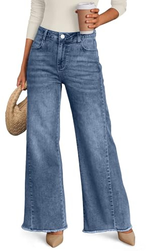 Trendy Queen Women's Wide Leg Jeans, Relaxed Loose Straight Leg with Raw Hem, Comfort Denim Pants Blue 12