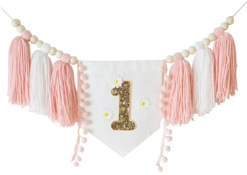 YAFLUG 1 Stück 1. Geburtstag Deko Geburtstagsgirlande,Gänseblümchen 200Cm Handgemachte Boho 1. Geburtstags Hochstuhlbanner Pink Party Dekoration Für Mädchen Babyschaum(Gänseblümchen，B)