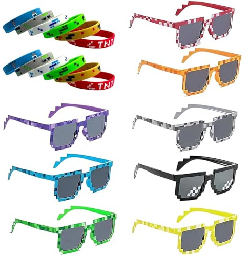 LNSYSNS 8 Stück Witzige Sonnenbrillen, Sonnenbrille Lustig, Bunt Party Sonnenbrille, Pixel-Design Festival Brille, mit 12 Armbändern, für Geburtstag, Mottoparty, Musikfestival