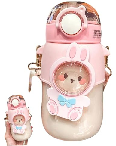NASSMOSSE Kawaii Water Bottle, 500ml Girls Water Bottle with Silicone Straw and Adjustable Strap 3D Stickers and Cartoon Animal Patches for School Sports