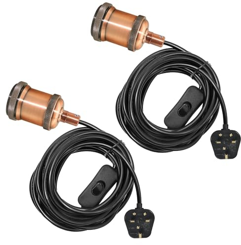 ZRLXFM 2 Pack Metal Pendant Lamp Kits with Switch and Plugs, E27 Lamp Holders with Metal Lock Buckles and 500 cm Cables, Ceiling Lighting Fitting DIY Light Fixtures