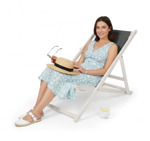 Mucola Strandliege Campingliege klappbar Holz 3-Fach verstellbar Anthrazit | Atmungsaktiver Polyester, Massivholz-Gestell, Sicherung gegen ungewolltes Einklappen, luftig, tragbar, Garten, Pool, Strand