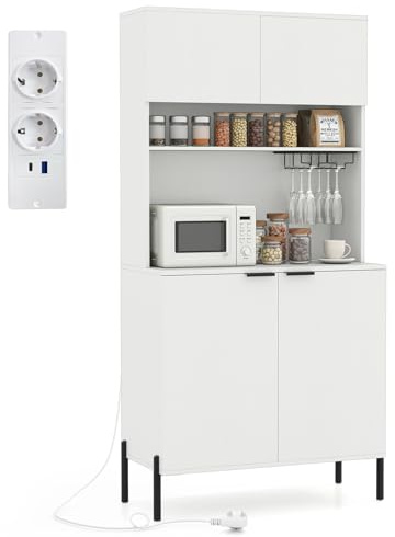 COSTWAY Küchenschrank Holz, Buffetschrank mit Ladestation, Hochschrank mit Türen, Weinglashalter & Arbeitsplatte, Vorratsschrank Aufbewahrungsschrank, für Esszimmer und Küche, 80x40x164 cm, Weiß