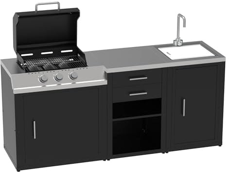 SOLEILUX Set Barbecue a Gas 3 Fuochi con Lavello, Rubinetto e Tagliere, Cassettiera 2 Cassetti Estraibili, Mobile Cucina BBQ per Terrazzo e Giardino, 210,4 x 60,7 x 94 cm